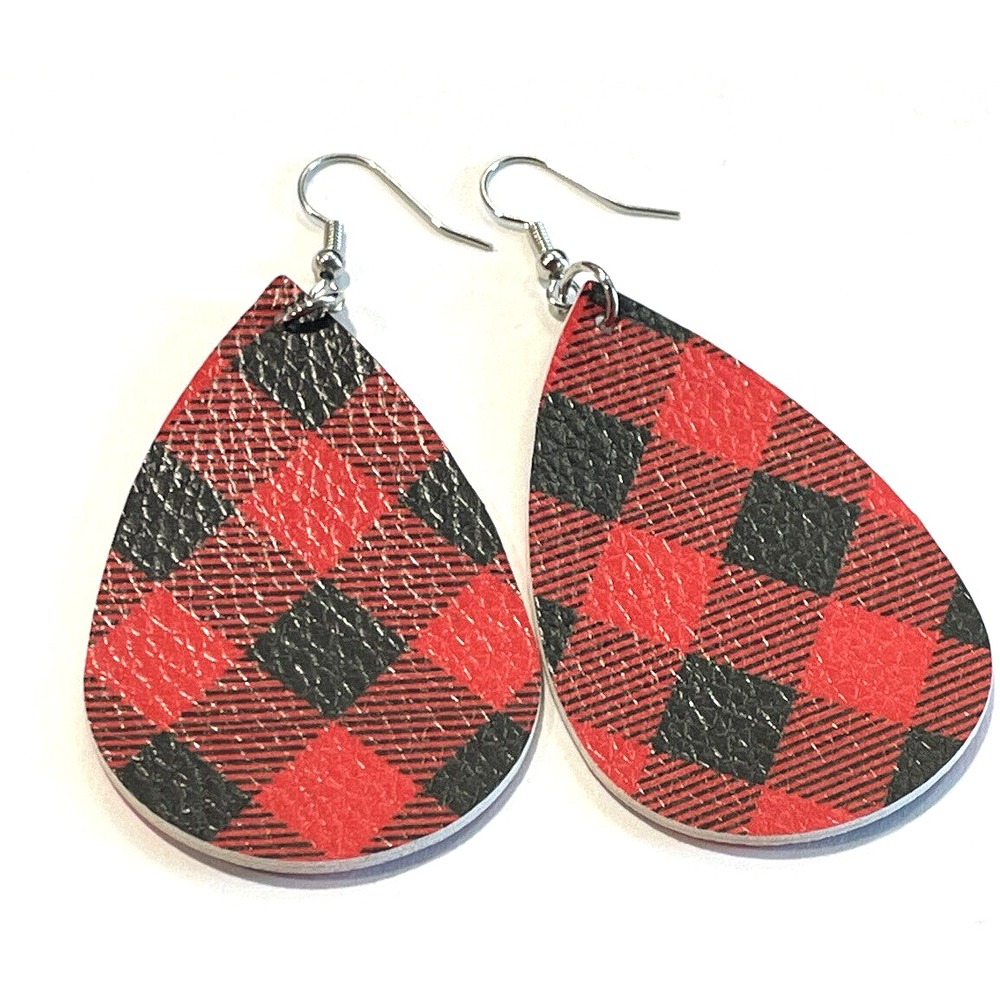 Dangling Earrings with fish hooks Red and Black Buffalo Plaid